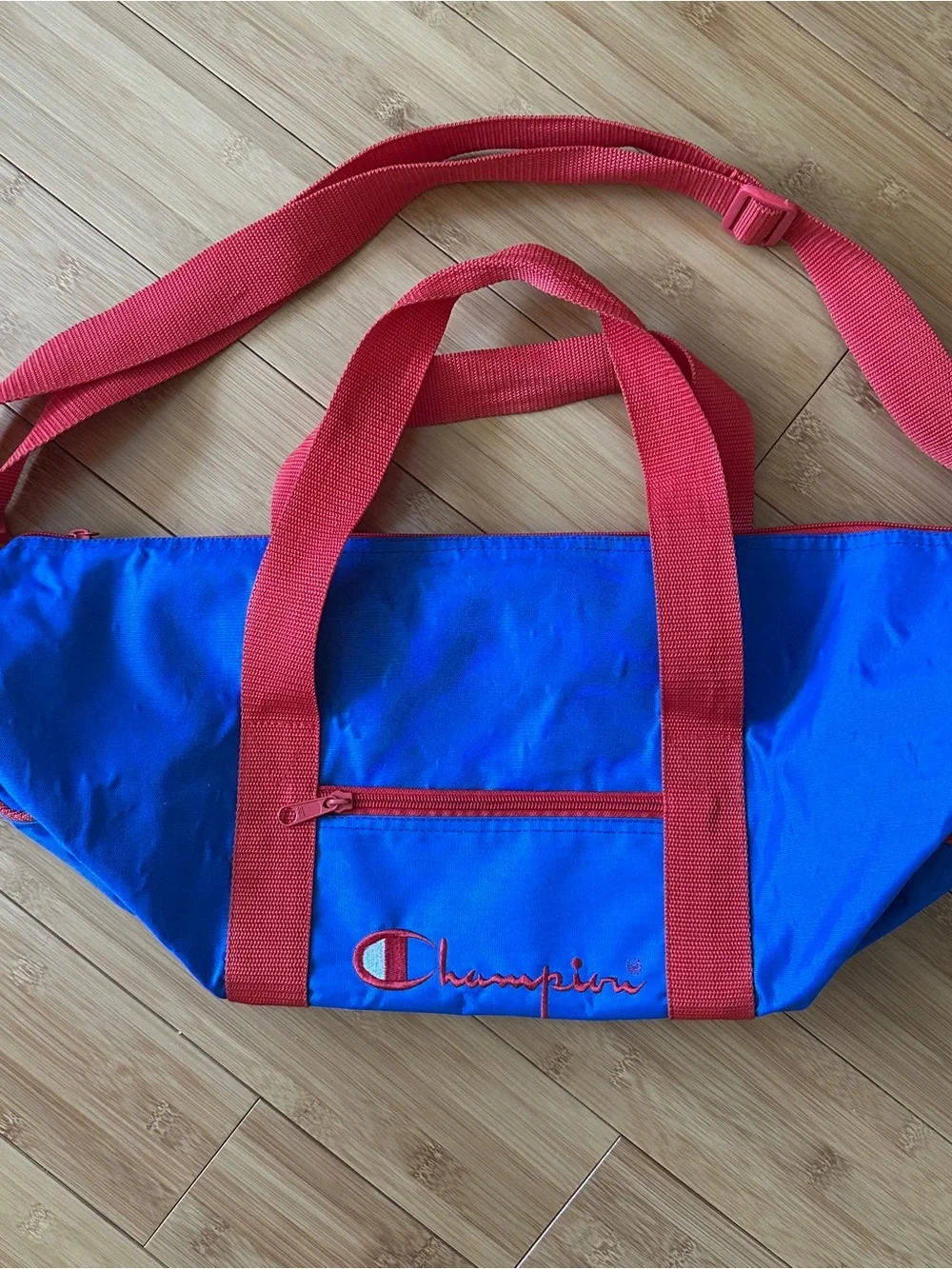 Vintage CHAMPION Duffle Bag Blue Red Spellout Gym Overnight Travel